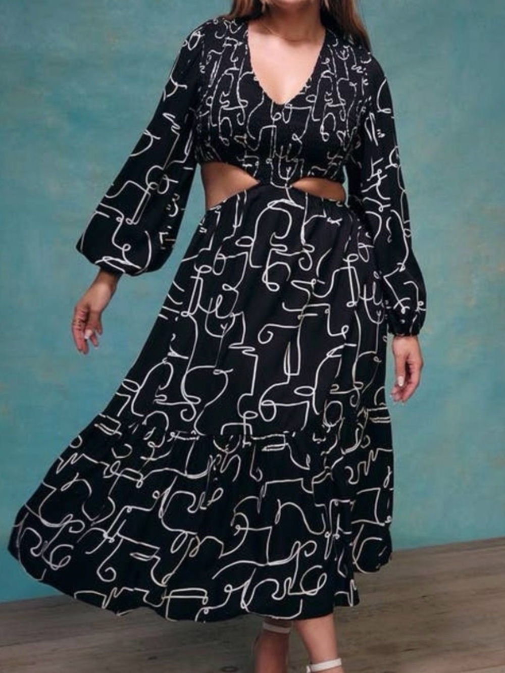 Eloquii Black Midi Dress with White Abstract Print